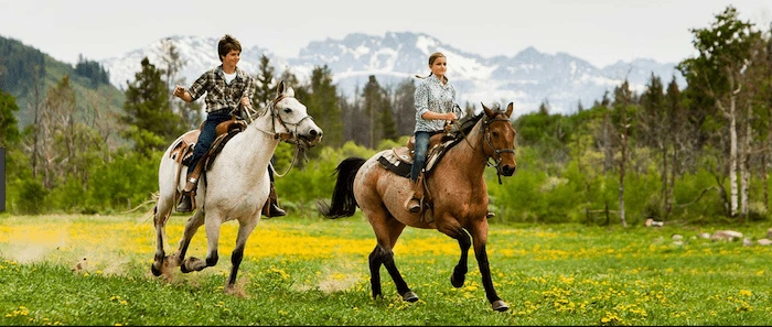 Confident plus-size woman riding Chatham a horse through a field with a smile on her face.